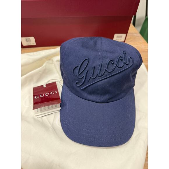 Gucci Unisex Cotton Adjustable Script Logo Navy Blue Baseball Cap Hat Large main image 5